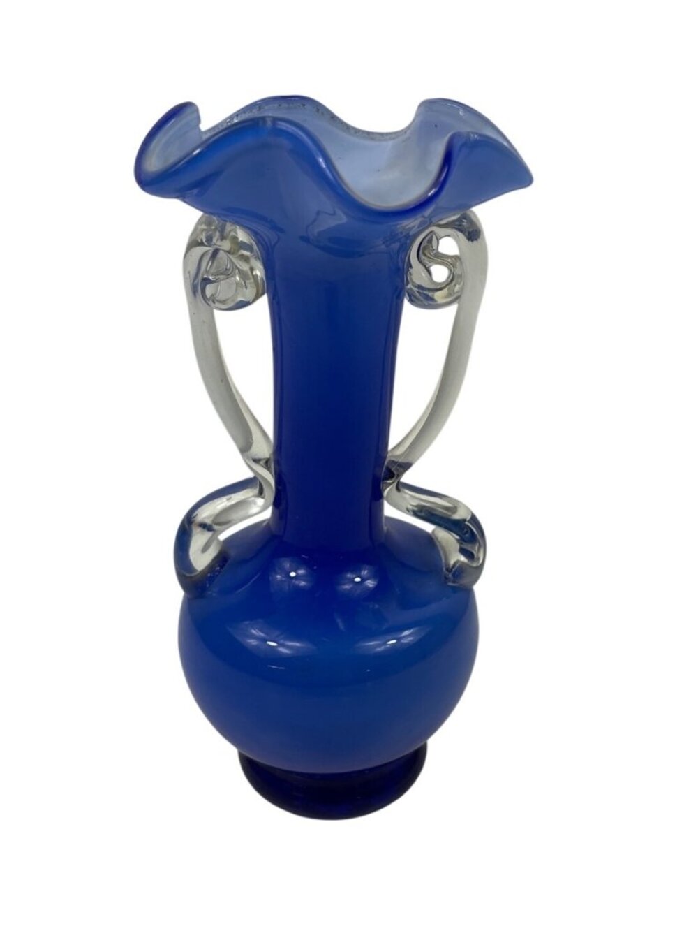 Handmade Cobalt Blue Glass Vase With Clear Swirl Handles & Ruffled Rim